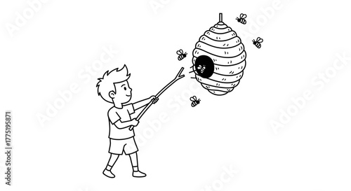 Line drawing illustration of a boy poking a beehive with a stick, surrounded by buzzing bees