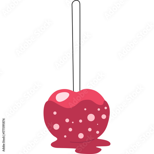Red Candy Apple Lollipop with White Stick and Pink Splatters on Transparent Background Sweet Treat Dessert Fun Food Cartoon Style