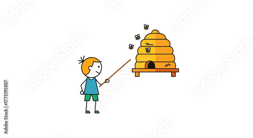 Cartoon drawing of a child with a pointer presenting a beehive with buzzing bees in an educational