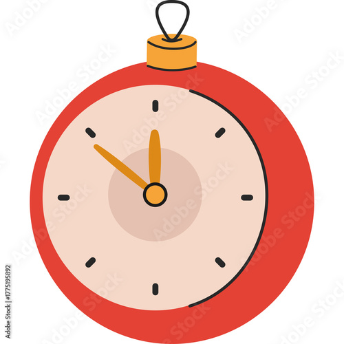 Red Christmas Bauble Shaped Like A Clock Showing Almost Midnight With Transparent Background In Simple Cartoon Style