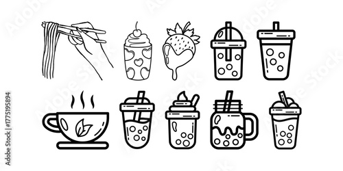 Trendy minimalist line art of bubble tea, coffee, noodles, and sweet treats offers a modern, playful vibe for menus, branding, and social media designs