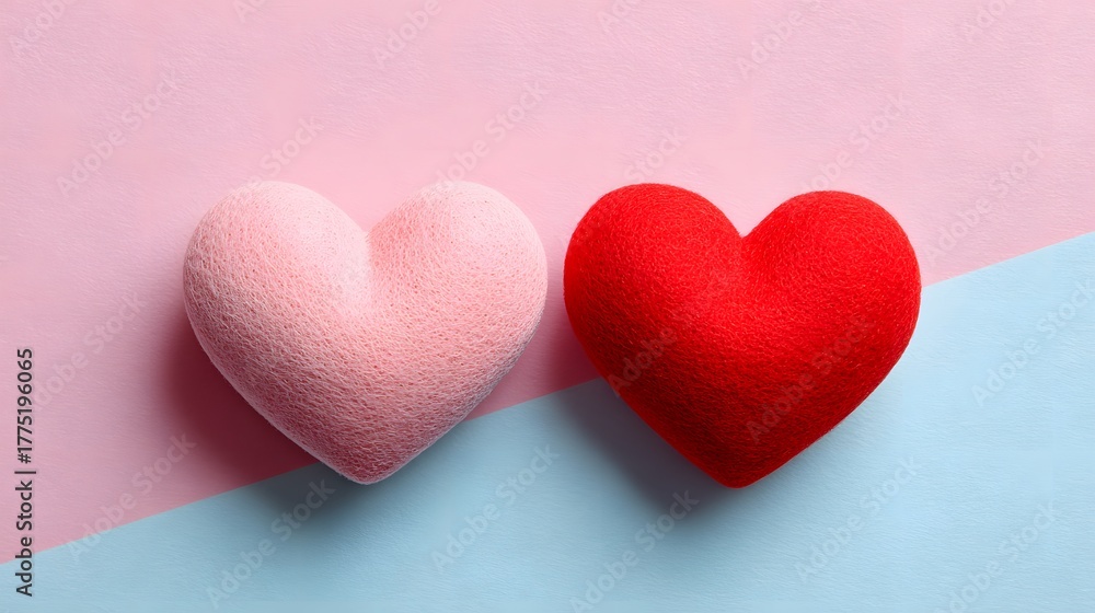 Fototapeta premium modern flat lay of pink and red hearts on pastel background minimal composition