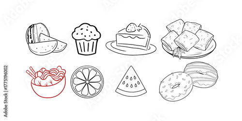 Delicious doodle food line art featuring desserts and treats, inviting healthy eating planning with a modern, artistic style for your food blog or design project