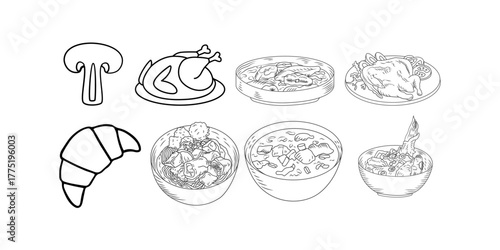 Delicious food line art featuring mushroom, croissant, chicken, and bowls of soup, perfect for menus, cookbooks, and culinary designs