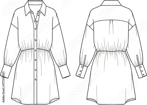 Shirt dress flat sketch, button-down design, long sleeve with cuff, fashion cad template, vector illustration, cad drawing flat vector illustration
