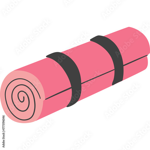 Rolled Pink Yoga Mat With Black Straps On White Background Simple Cartoon Style Flat Vector Illustration