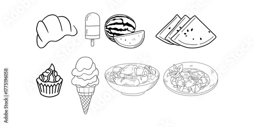 Whimsical food doodles showcase tasty treats croissant popsicle watermelon cupcake ice cream bowl and plate perfect for menus and cookbooks