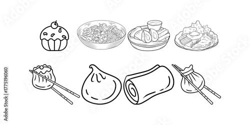 Delicious Asian Cuisine Line Art Collection for Restaurants and Food Blogs featuring yummy dim sum, noodles and sweets for culinary projects