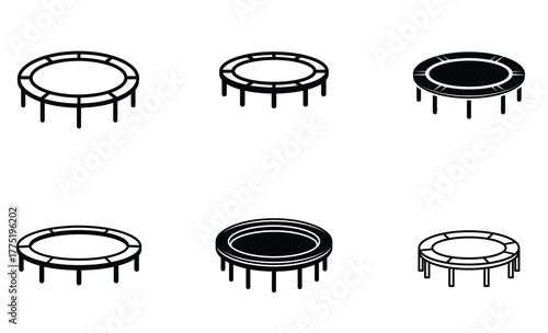 Isometric trampoline icons set — black and white round trampolines in various shading styles, minimal 3D vector illustration on white background