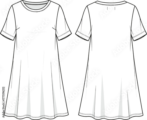 A-line t-shirt dress flat sketch front and back, fashion CAD drawing, vector illustration, technical clothing template for women wear.