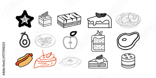 Delicious food line art for menu design and recipe guides, featuring cakes, fruit, meat and hotdog, perfect for healthy eating and culinary creations