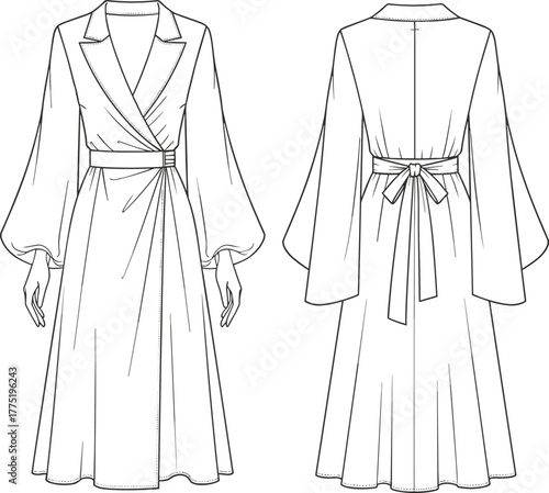 Elegant wrap dress technical flat sketch, long sleeve belted gown front and back view, perfect for fashion design and illustration