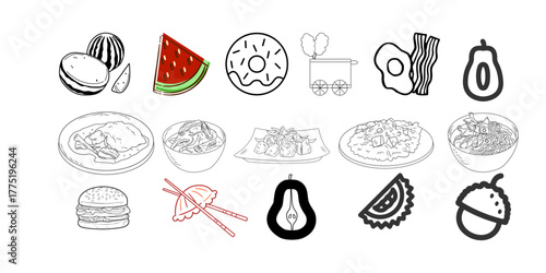 Delicious foods sketch illustration: watermelon, donut, noodles, burger, egg, avocado, and more for food-themed designs, menus, recipes, and culinary projects