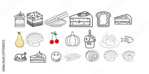 Delicious food icons for menu design, recipe cards, culinary blogs, and restaurant branding with a modern, minimalist style, perfect for adding a fun touch