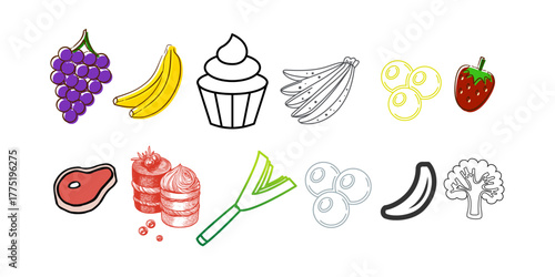 Vibrant food icons for healthy eating designs, fresh produce and sweet treats, colorful elements perfect for menus, recipes, and culinary projects