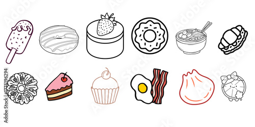 Cute cartoon food icons, including ice cream, cake, and ramen, perfect for menus or children's books, adding a touch of whimsy and fun to any design