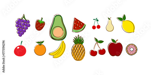 Fresh and colorful fruit medley illustration to brighten any design project with a healthy lifestyle vibe, perfect for food blogs and nutrition campaigns