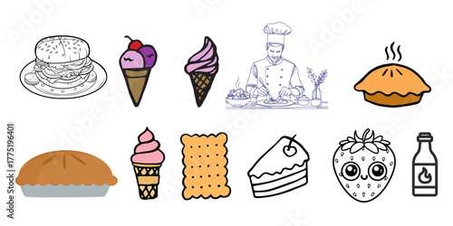 Delicious food icons featuring burger, ice cream, chef, and pie for your culinary designs, perfect for menus, websites, and food-related projects!