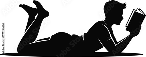 Silhouette of a person reading a book isolated on white background