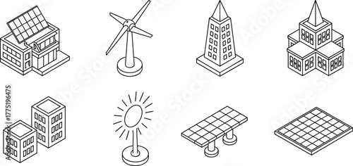 Isometric eco buildings, solar panel structures, green energy systems, wind turbine icon, clean power concept, futuristic smart cities, renewable solutions, illustration