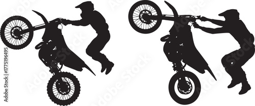 Two motocross riders performing wheelies silhouette