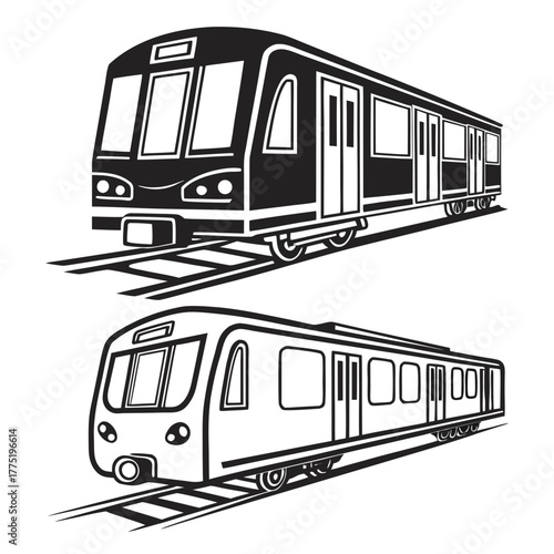 Two modern subway trains in black and white