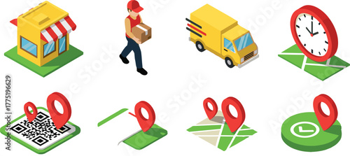 Isometric delivery service icons set, courier shipping, map pin tracking, QR code navigation, clock location time, cad vector illustration