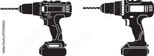 Two cordless power drill silhouettes on white background silhouette