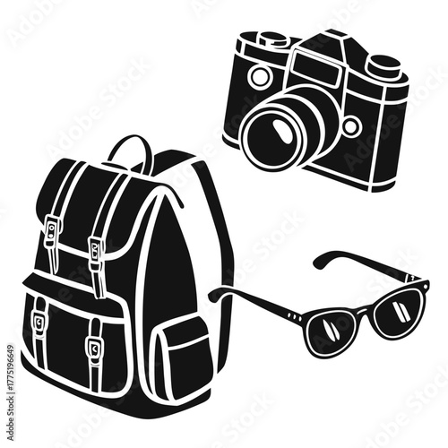 Camera, backpack and sunglasses for traveling