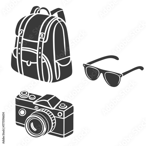 Camera, backpack and sunglasses for vacation