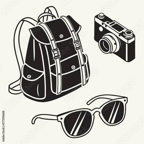 Backpack, camera, and sunglasses for travel