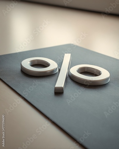 3D metallic percent symbol on black mat surface, minimalist financial concept for discount and banking design