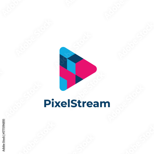 The “PixelStream” logo features a colorful play button made of blue and pink geometric shapes, symbolizing creativity, media, and digital innovation.