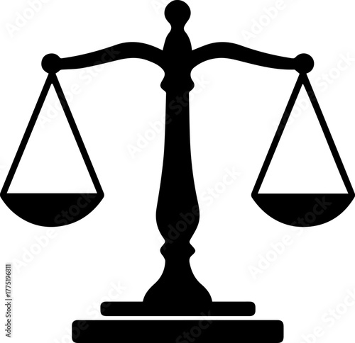 Minimalist Flat Design Scales of Justice Icon in Solid Black Silhouette on White Background Representing Law, Fairness, and Legal Balanc