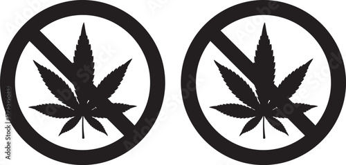 Two black prohibition signs with cannabis leaf silhouette