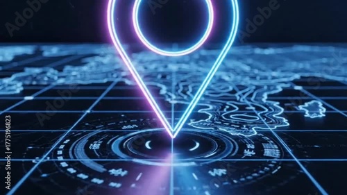 Luminous 3D Neon Location Pin Hovering Above Holographic Map Grid Animation