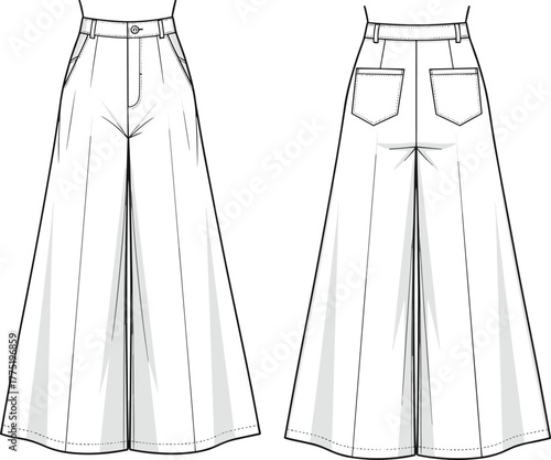 Wide leg high waist pants fashion technical sketch, front and back view, garment flat drawing, vector illustration for design