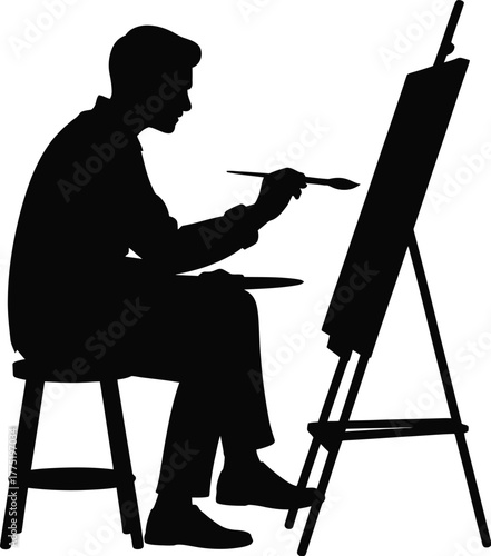 Artist painting on easel silhouette isolated on white background