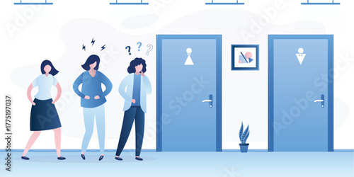 Group of women standing in hallway in front of closed restroom door. Queue for the toilet. Problem of long wait times. Occupied bathroom. Ladies need to pee, waiting in line