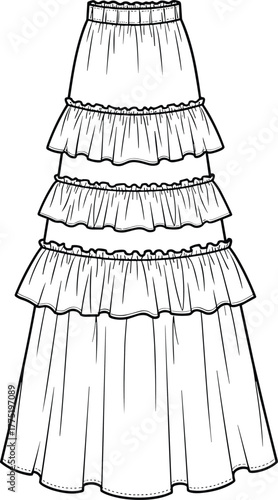 Women’s layered ruffle long skirt vector template, elastic waistband, boho style, fashion CAD drawing, flat sketch front view.