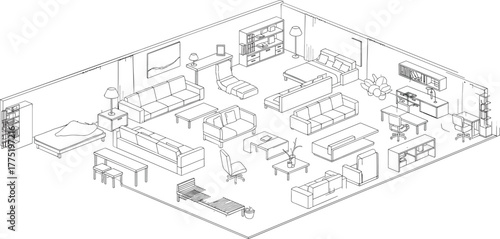 Isometric home interior floor plan, detailed apartment furniture layout, living room kitchen bedroom setup, black and white vector, modern house decor, architectural design illustration