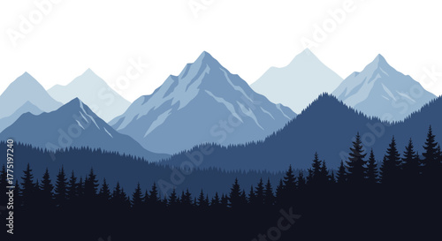 Serene landscape of layered blue mountains and dark evergreen forests under a bright sky.