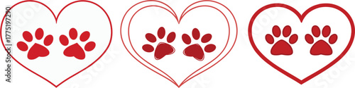 Three hearts with red paw prints inside
