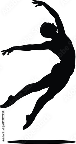 Silhouette of a ballet dancer in mid leap isolated on white background