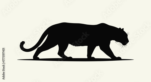 Silhouette of a black panther walking across a plain background.