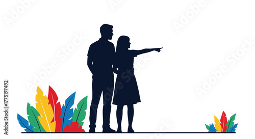 Silhouetted couple pointing to the distance amidst colorful abstract foliage and a starry night.