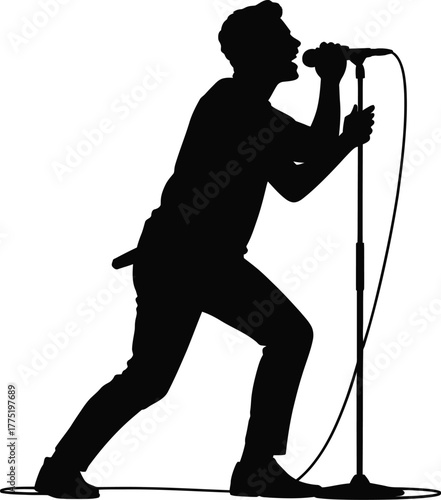 Singer performing with microphone silhouette isolated on white background