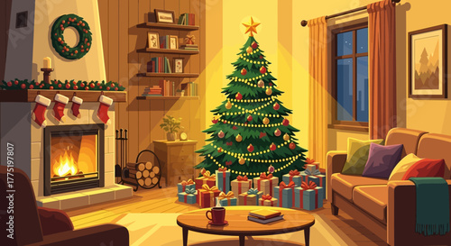 Experience the magic of Christmas Eve with a warm fire, sparkling tree, and gifts galore. Perfect for conveying cozy family moments and holiday cheer!