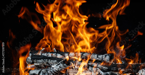 A log of wood is burning in a fire, with the flames reaching high into the air