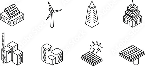 Isometric renewable energy icons, solar panel buildings, wind turbine illustrations, eco-friendly architecture, green energy solutions, sustainable smart city, clean power concepts